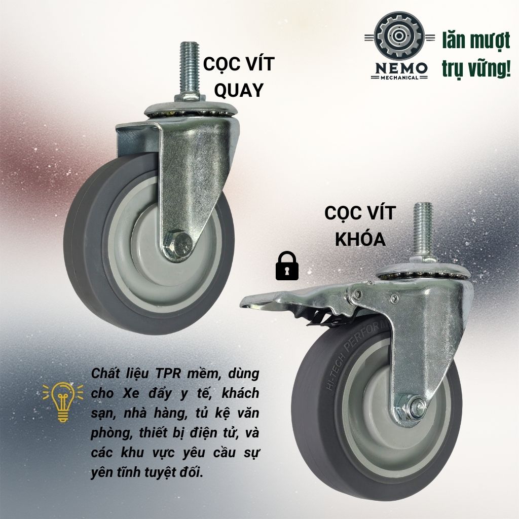 Bánh Xe Cao Su TPR Xám Cọc Vít M12 – Chống Ồn, Giảm Chấn (D75, D100, D125)